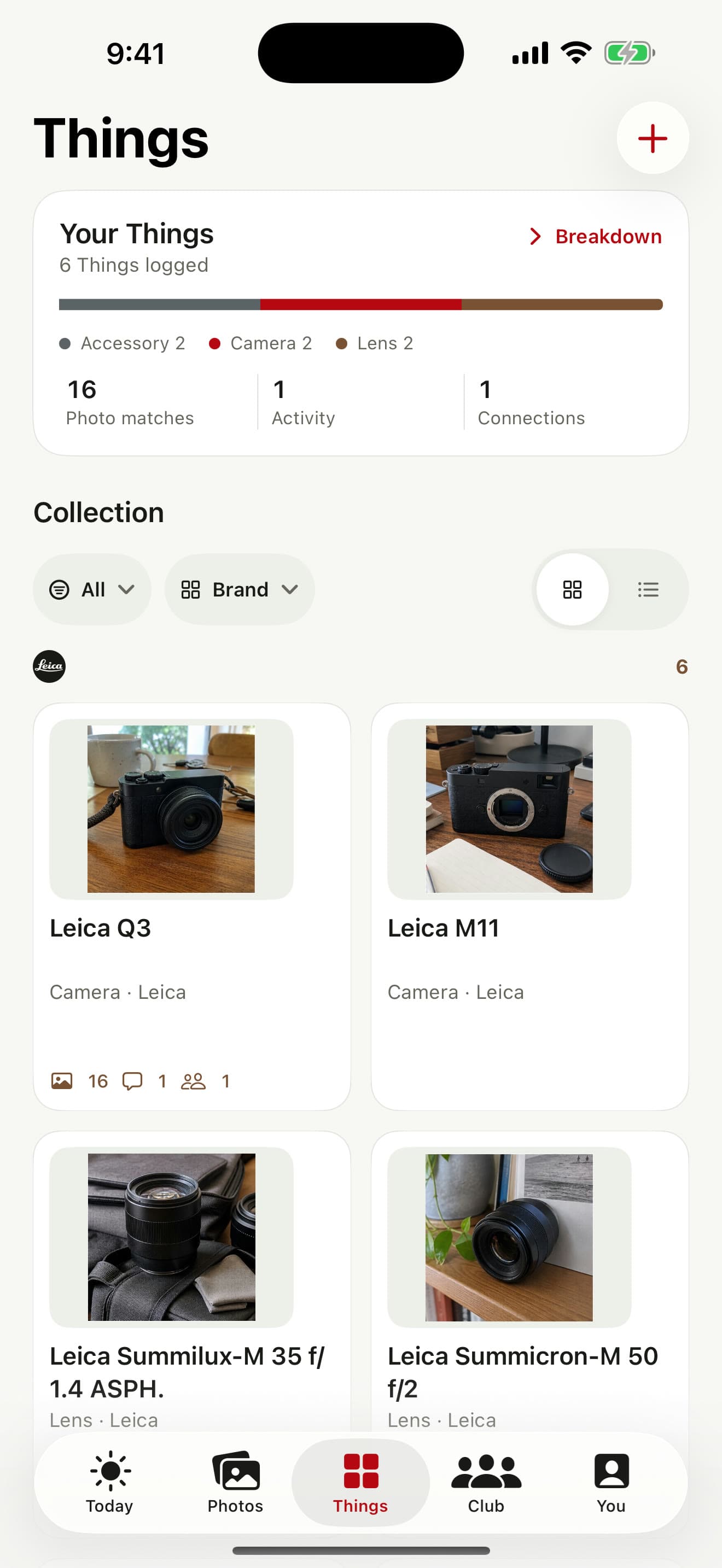 An earlier otherthing build: logged Leica cameras and lenses on the Things shelf