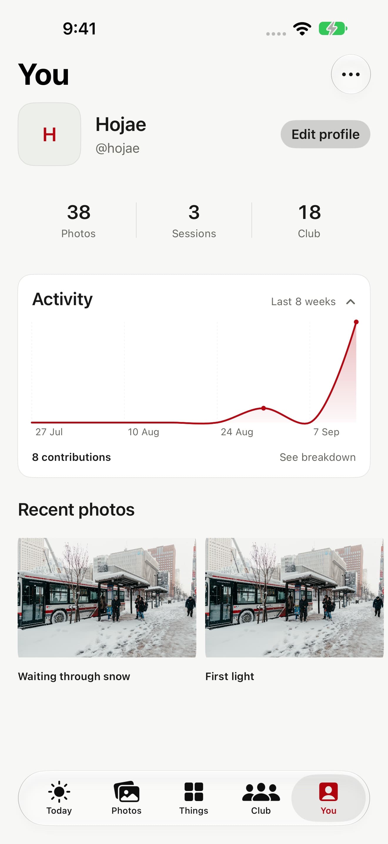 An earlier otherthing build: You, with profile figures and an eight-week activity chart