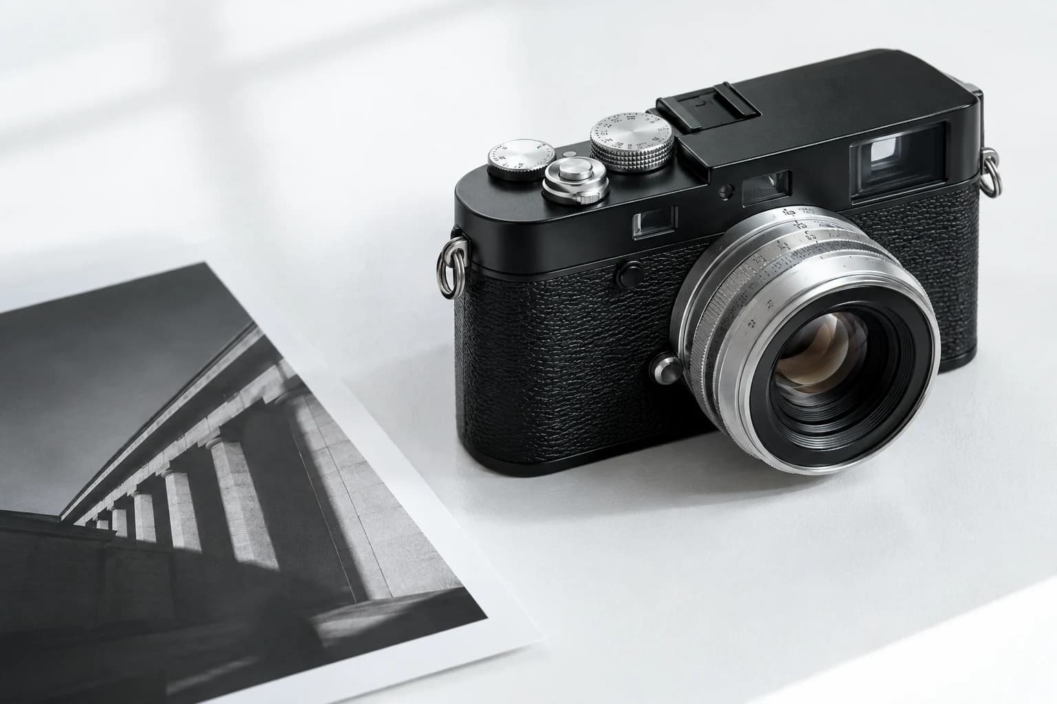 Illustrative unbranded black and silver camera on a white studio surface