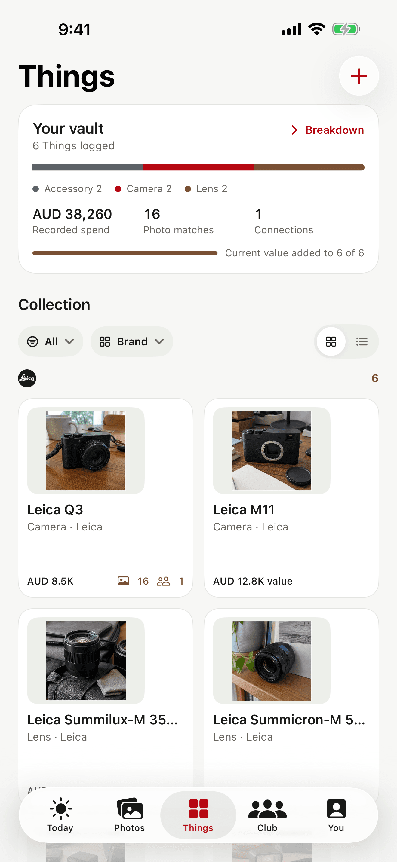 otherthing Things screen showing a Leica Q3 collection record and member-entered current value