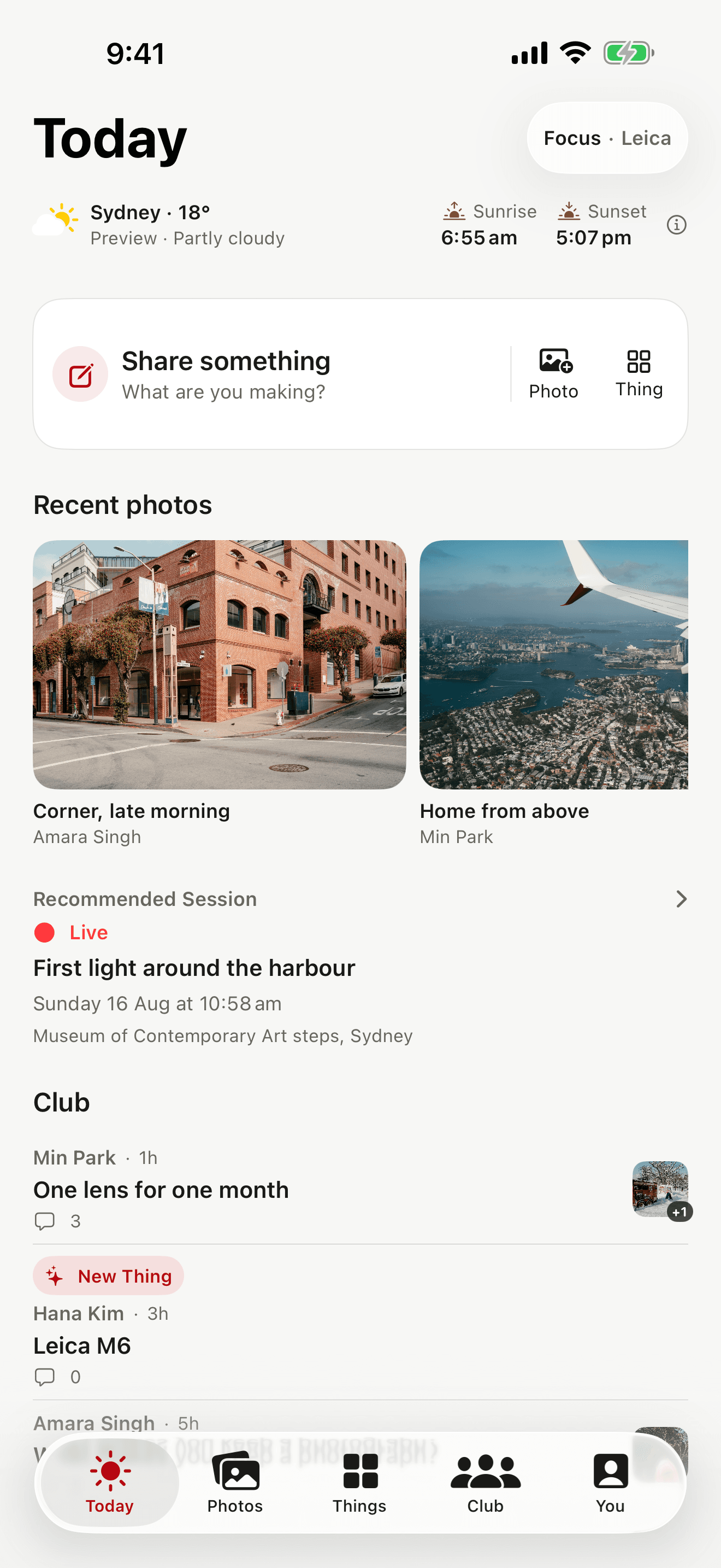 otherthing Today screen showing a recommended Session and Leica Q3 photographs